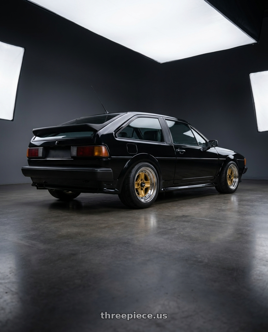 1988 VW scirocco  with Work Equip 40 4x100 15x9.5 -25 o disk Sprint Gold wheels rear three quarter view meaty tires