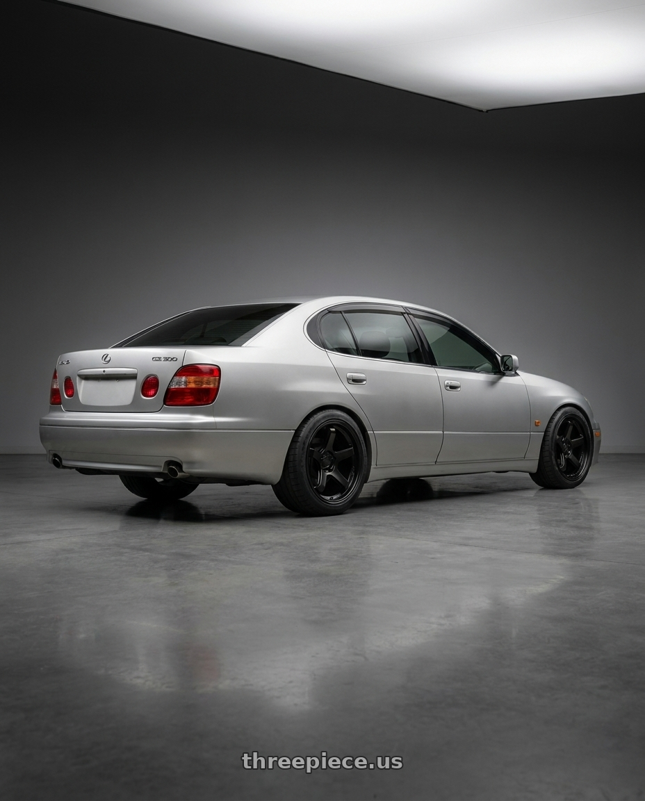 2001 Lexus GS300 with KATANA RACING HR05 5x114.3 18x9.5 +38 Matte Black wheels rear three quarter view meaty tires