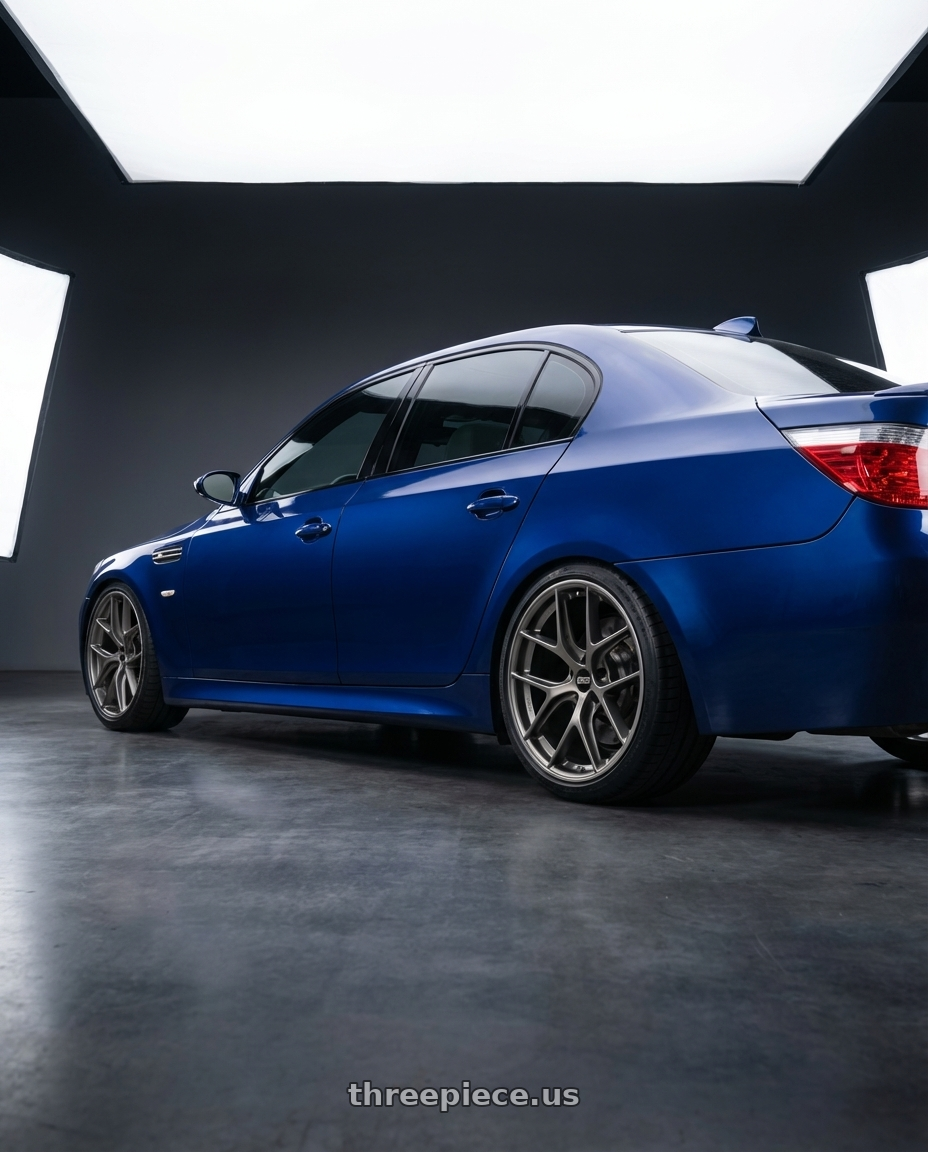 2010 BMW M5 E60 with BBS CC-R 5x120 19x10.0+38 Satin Platinum wheels rear three quarter view square tires