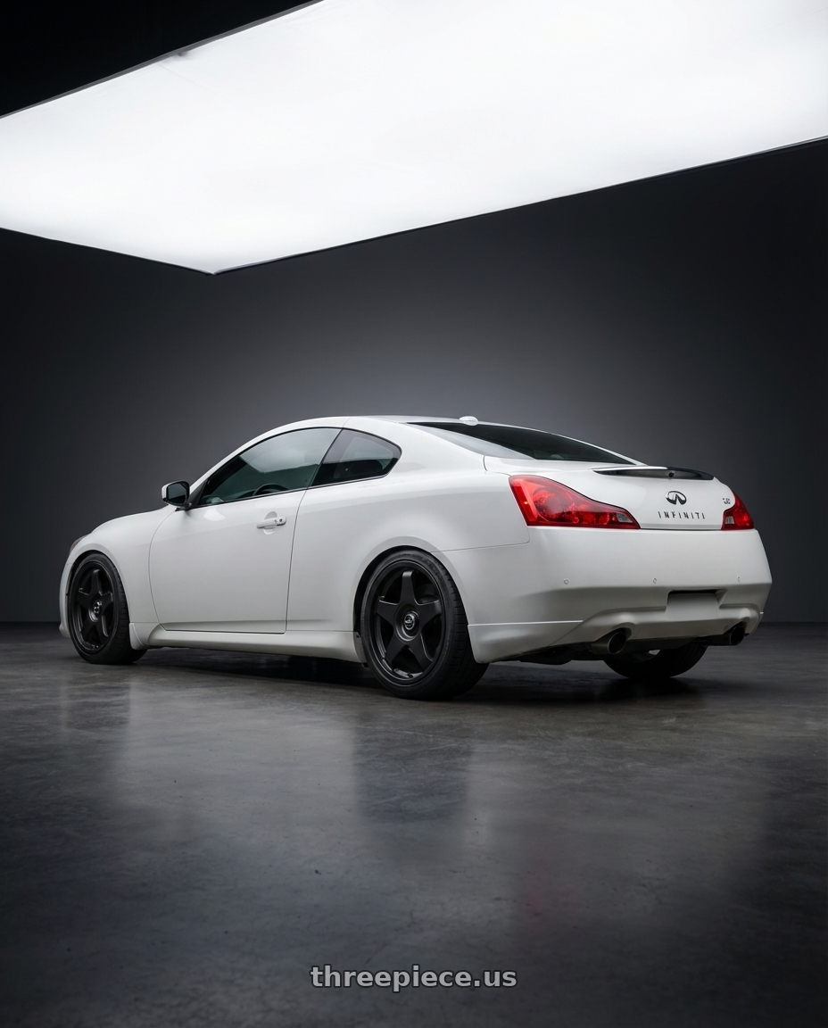 2014 Infiniti G37 Coupe with fifteen52 CHICANE 5x114.3 / 5x120 19x8.5 +35 ASPHALT BLACK (SATIN BLACK) wheels rear three quarter view square tires