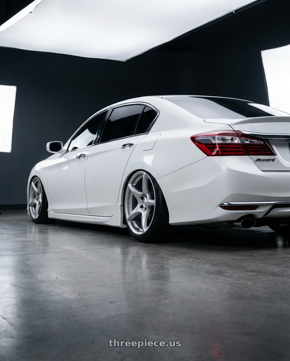 2016 Honda accord with Kansei K11S Tandem 5X112 18x8.5 35 Hyper Silver wheels rear three quarter view square tires