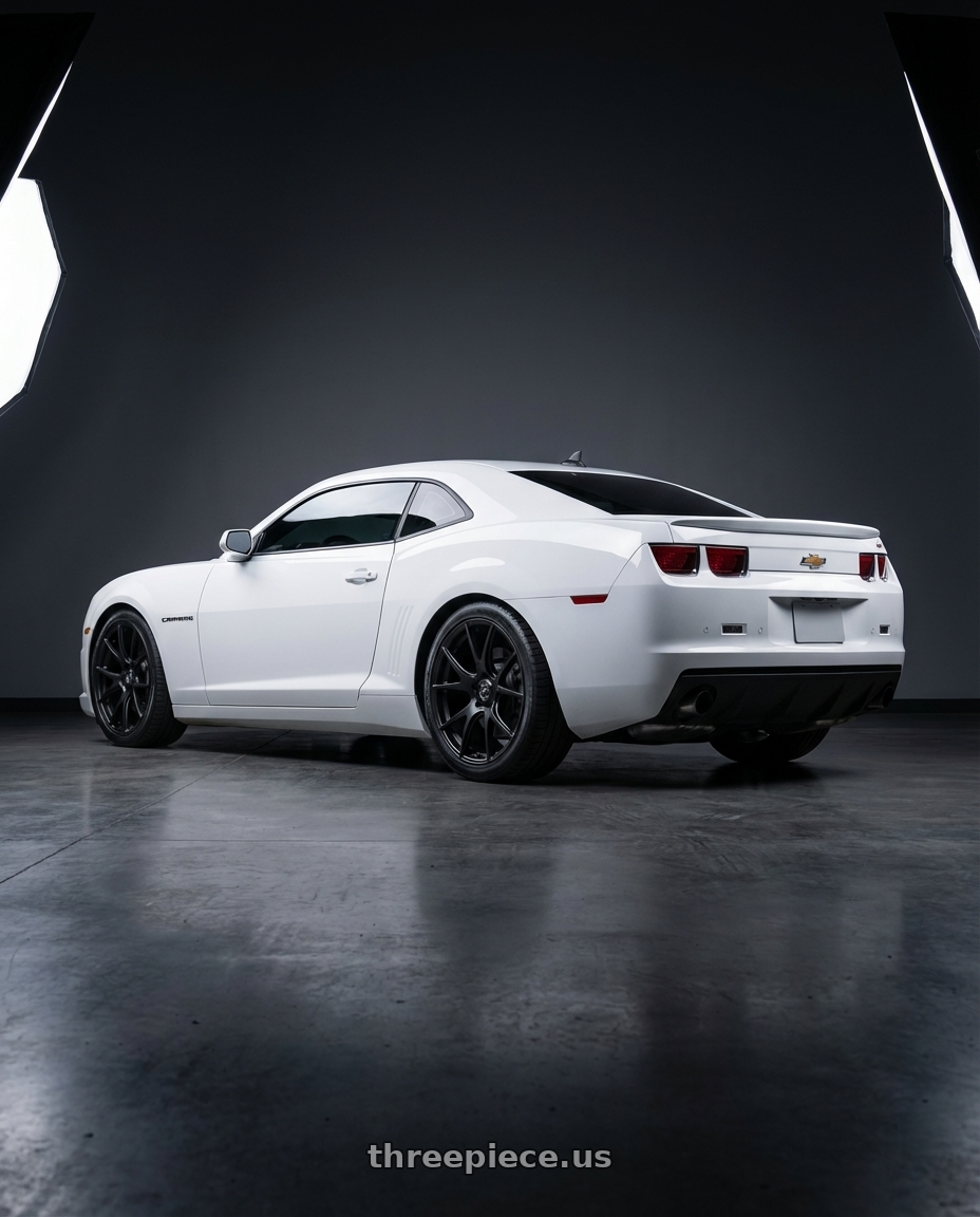 2014 Chevrolet Camaro 5th Gen with Forgestar CF5V 5x120 20x9 +38 Satin Black wheels rear three quarter view square tires