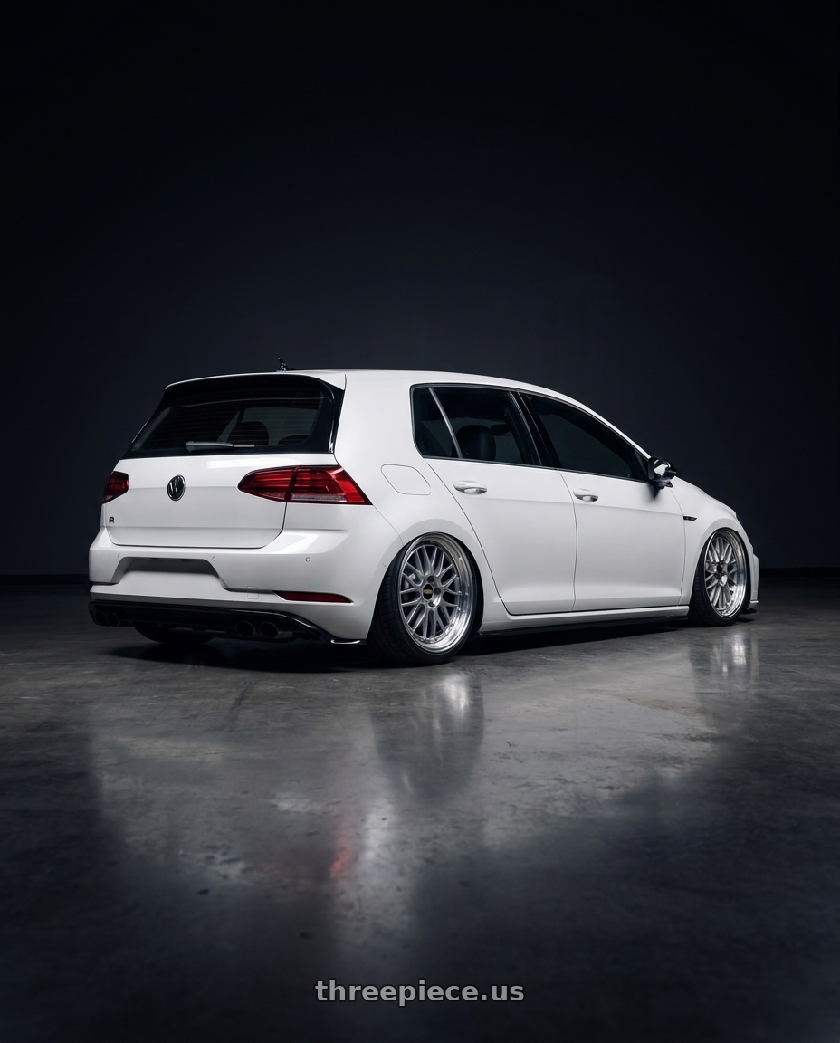 2018 volkswagen golf r with BBS LM 5x114.3 18x8.0+40 Diamond Silver wheels rear three quarter view square tires