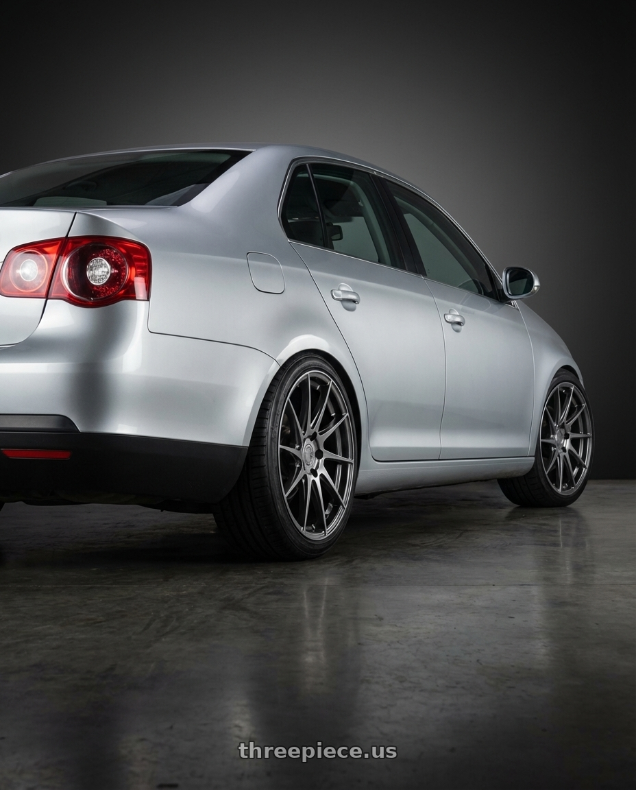 2009 Volkswagen Jetta GLI MK5 with Aodhan AH09 5x112 18x9.5 +35 Hyper Black wheels rear three quarter view square tires