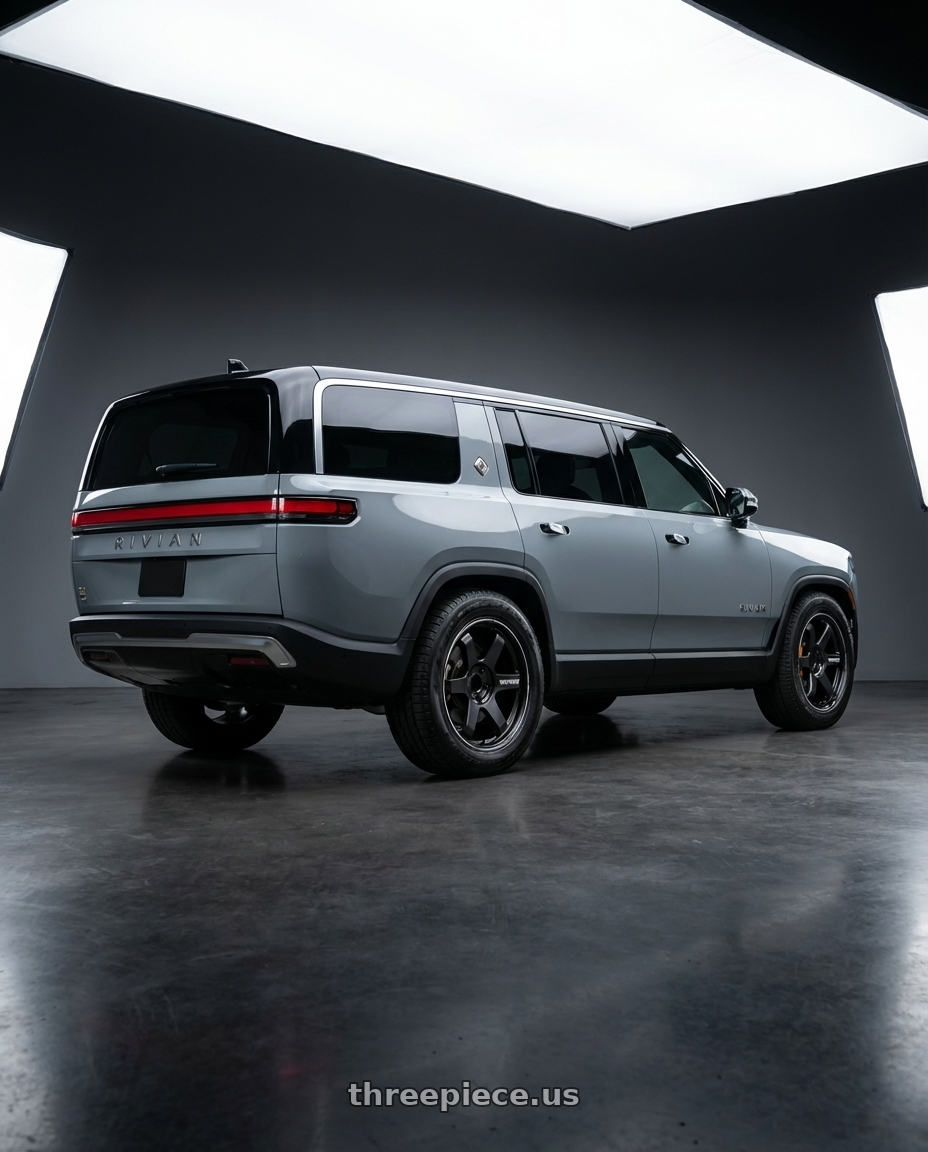 2025 Rivian r1s with Volk Racing TE37 ULTRA X 6x139.7 20x9.5 +0 BLAST BLACK 2 wheels rear three quarter view square tires
