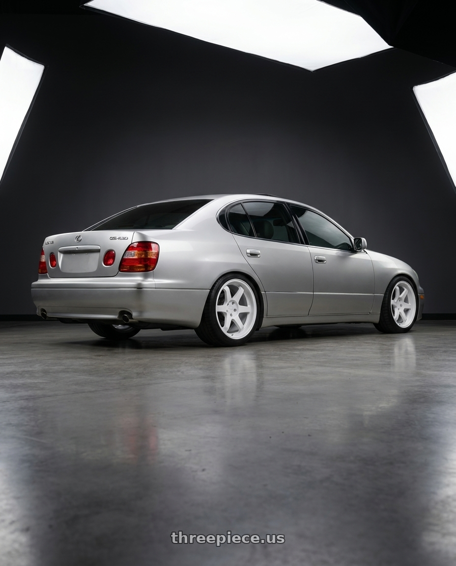 2002 lexus gs430 with 9six9 SIX-1 5x114.3 18X10 +35 Competition White wheels rear three quarter view square tires