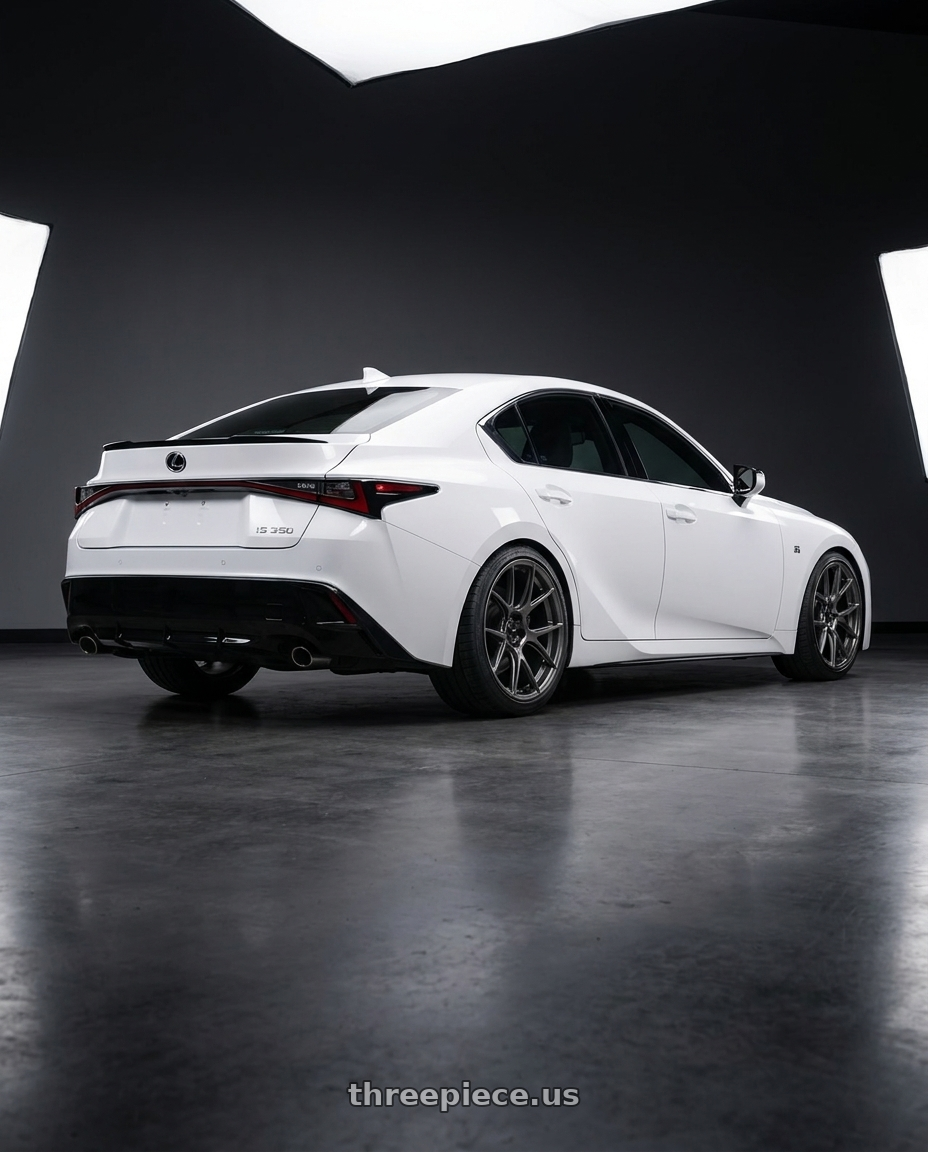 2024 Lexus IS 350 with Konig Ampliform 5x114.3 19x9.5+25 Dark Metallic Graphite wheels rear three quarter view square tires
