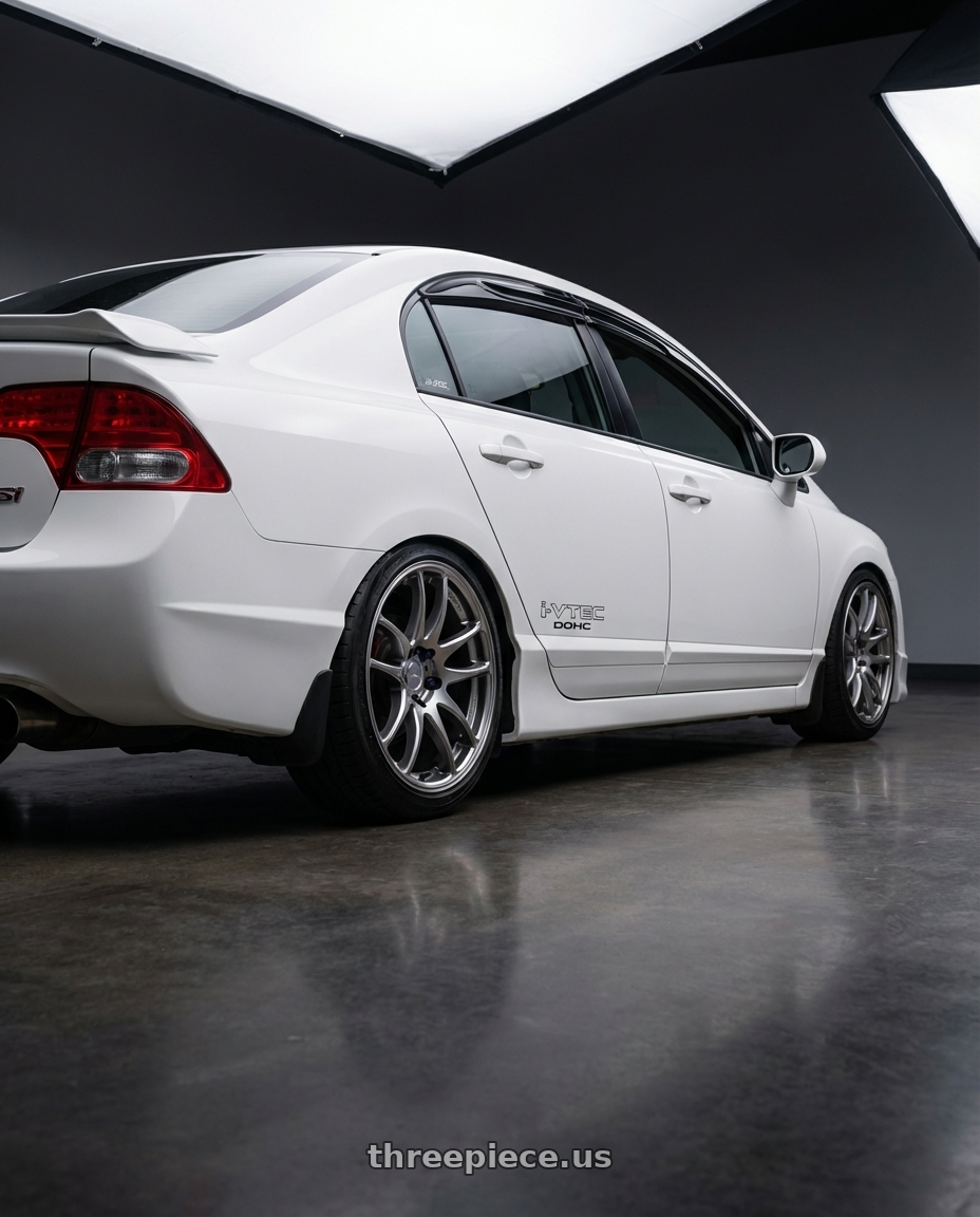 2008 Honda Civic SI with Work Emotion Cr Kiwami 4x100 17x7 +47 Gt Silver wheels rear three quarter view square tires