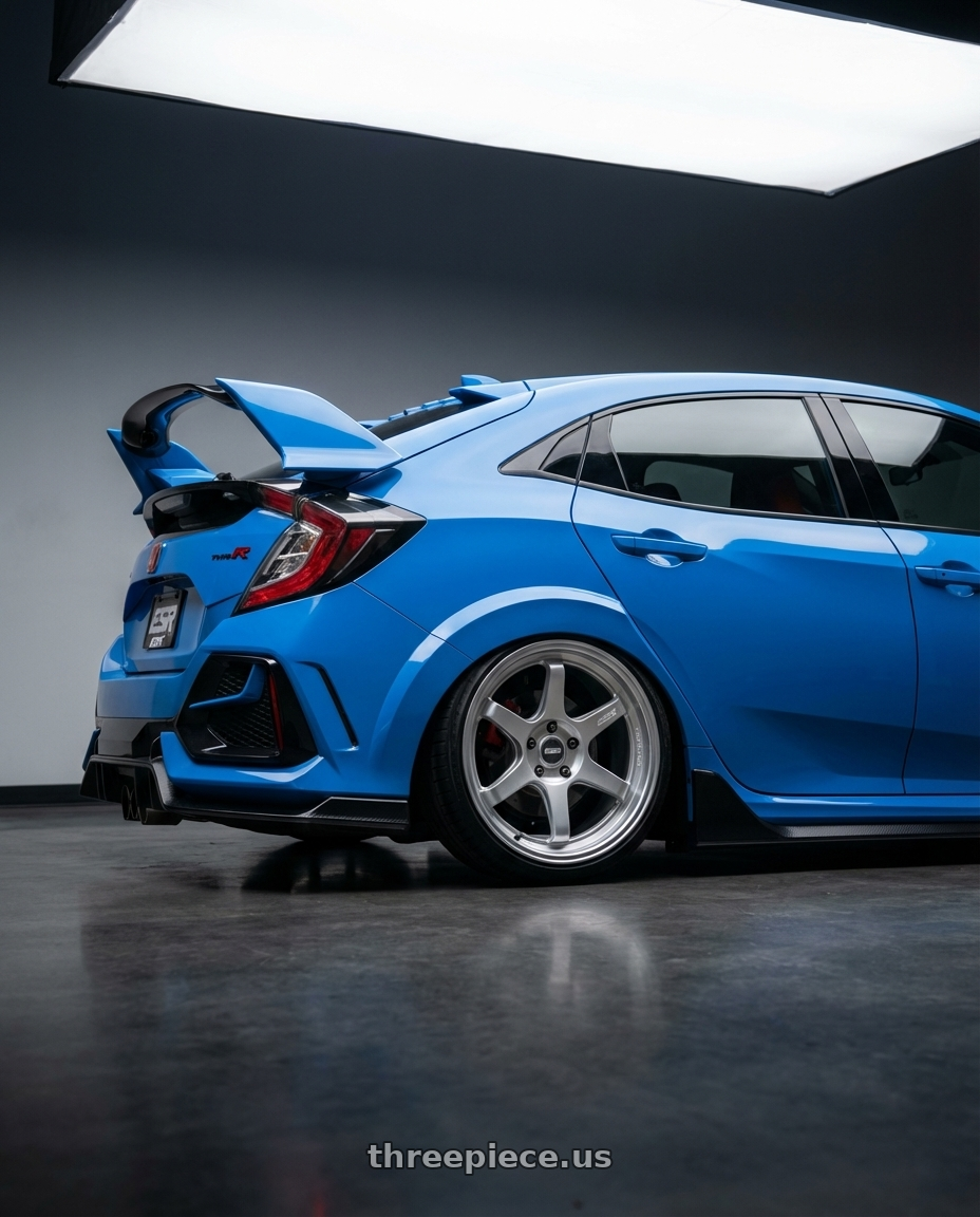 2020 Honda Civic Type R with ESR Wheels APEX SERIES AP6 5x120 19x9.5 +22 Hyper Silver wheels rear three quarter view slight stretch tires