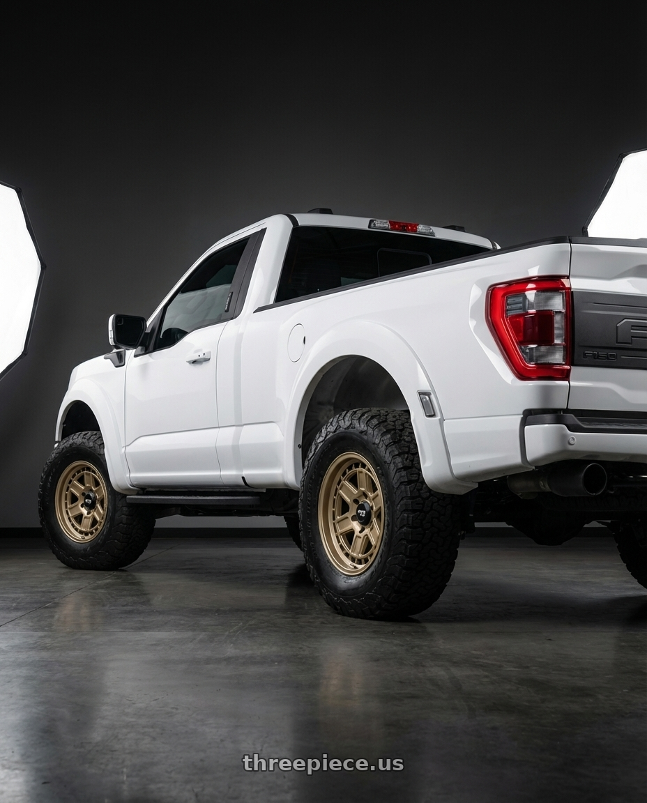 2026 Ford F150 with Dirty Life Cage 9308 6x135 17x8.5-6 Matte Gold wheels rear three quarter view meaty tires