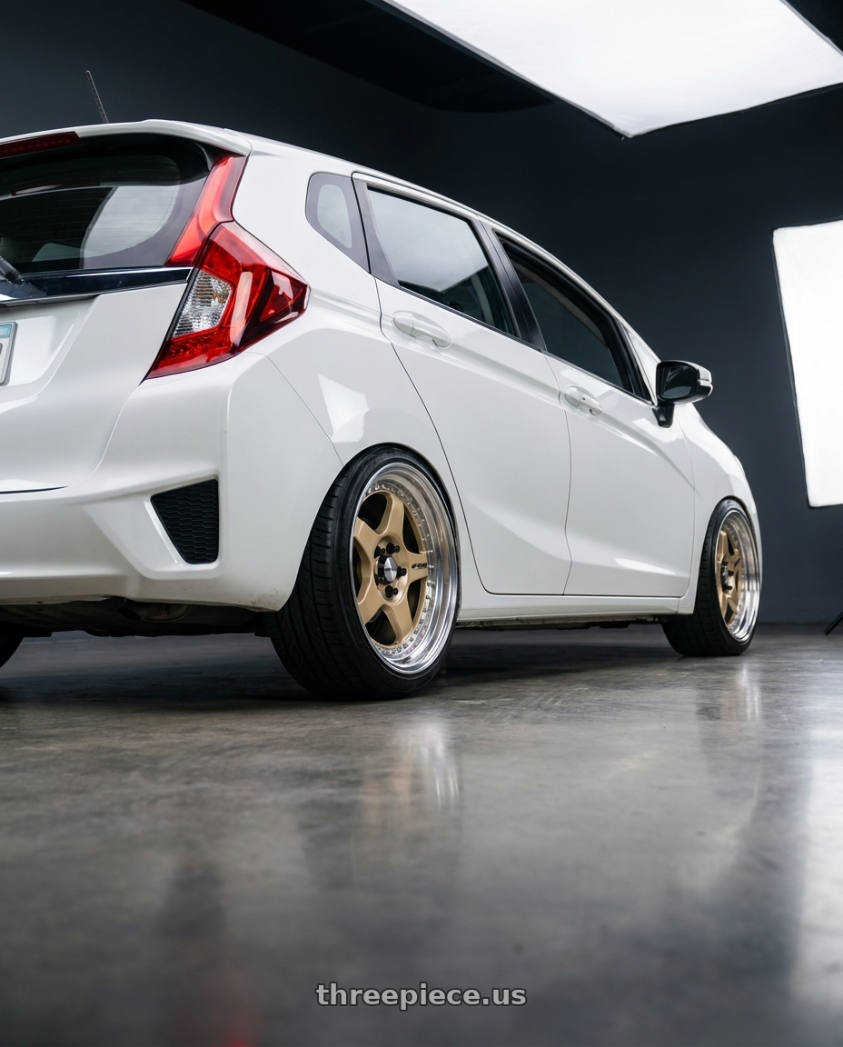 2016 Honda fit ex with Work Meister Cr01 4x100 15x6.5+1 O Disk Bright Buff Finish wheels rear three quarter view meaty tires