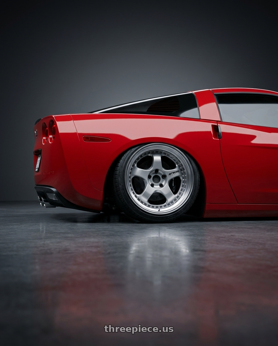 2005 Chevy corvette with Work Meister S1 3P 5x120.65 18x10+56 O Disk Silver wheels rear three quarter view extreme stretch tires