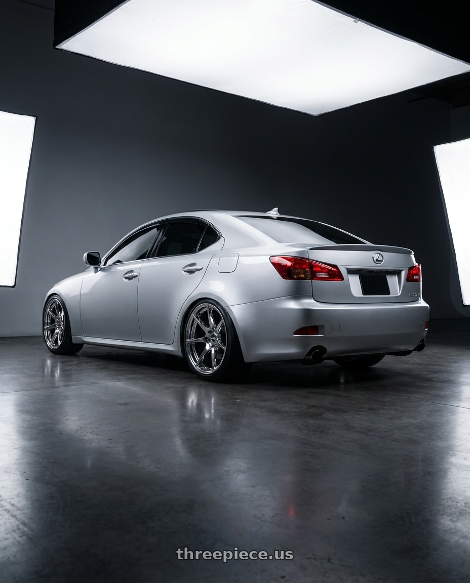 2007 Lexus IS350 with ESR Wheels RF2 5x114.3 18x9.5 +35 Vacuum Chrome wheels rear three quarter view slight stretch tires