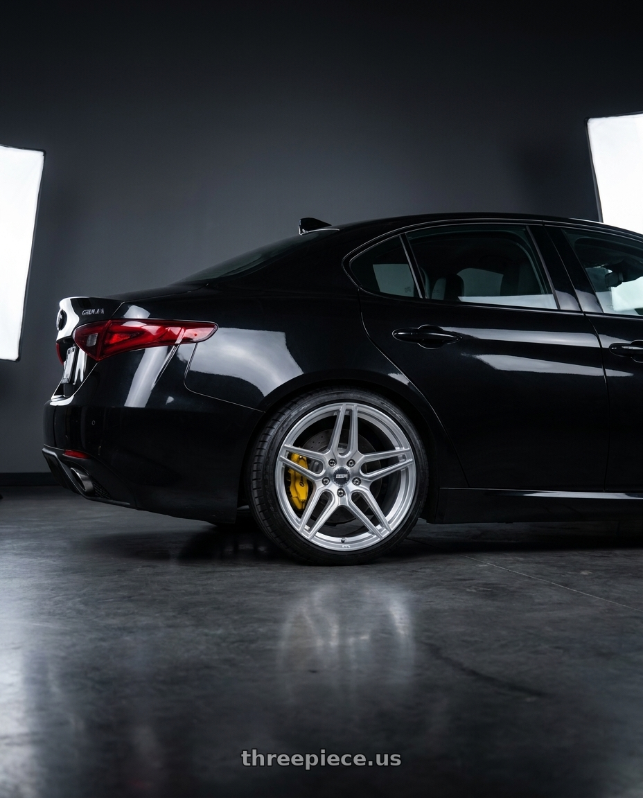 2017 Alfa Romeo giulia with ESR Wheels RF15 5x110 19x8.5 +30 Brushed Hyper Silver wheels rear three quarter view square tires