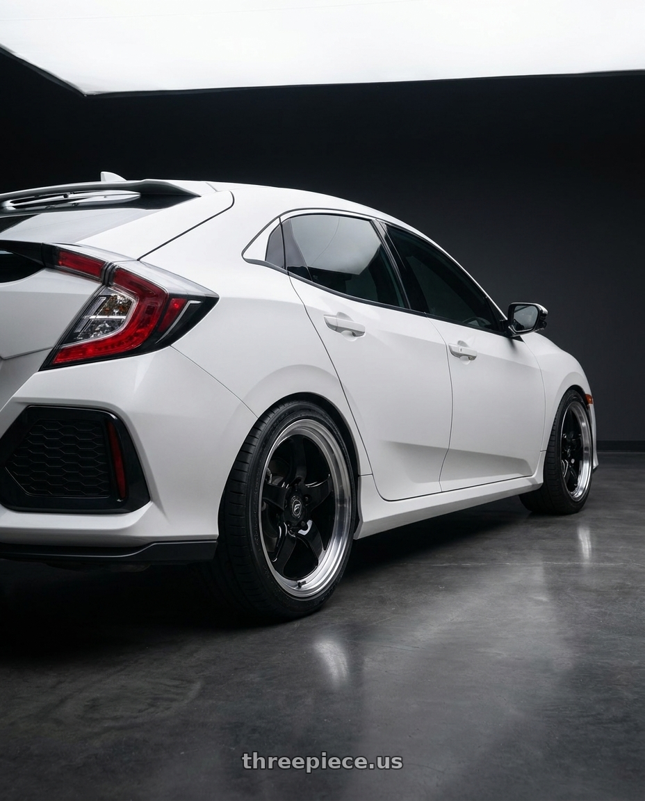 2019 Honda Civic with Forgestar D5 Drag 5x114.3 18x10 +22 Gloss Black Machined wheels rear three quarter view square tires