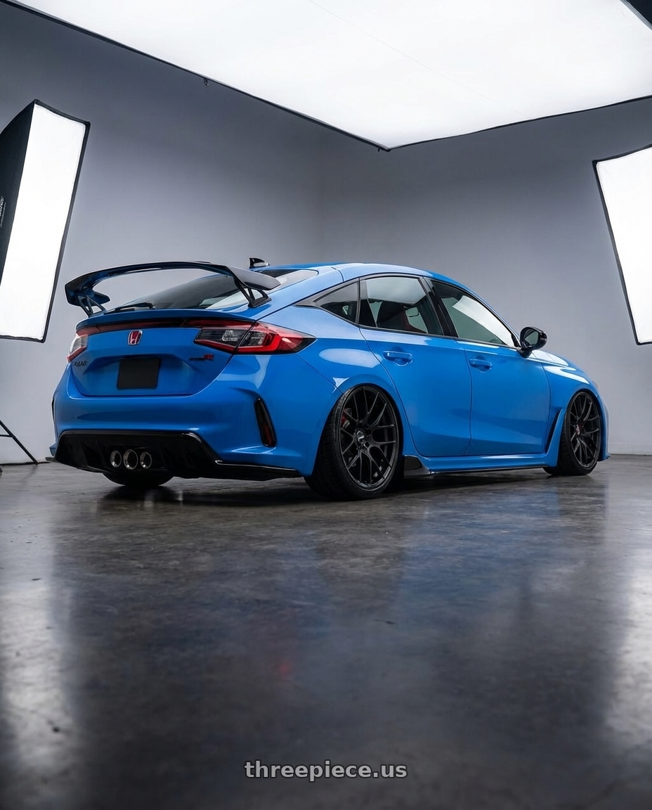 2024 Honda Civic Type R with Avant Garde Wheels M359 5X120 19x10 +25 Matte Black wheels rear three quarter view slight stretch tires