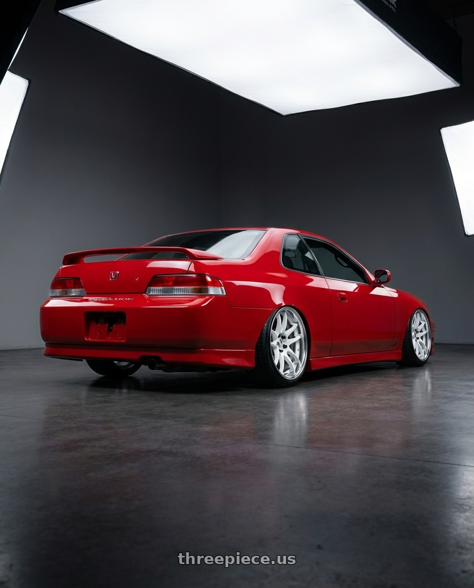 2001 Honda prelude with Work Cr 2P 4x100 17x10.0 +0 Gloss White wheels rear three quarter view slight stretch tires