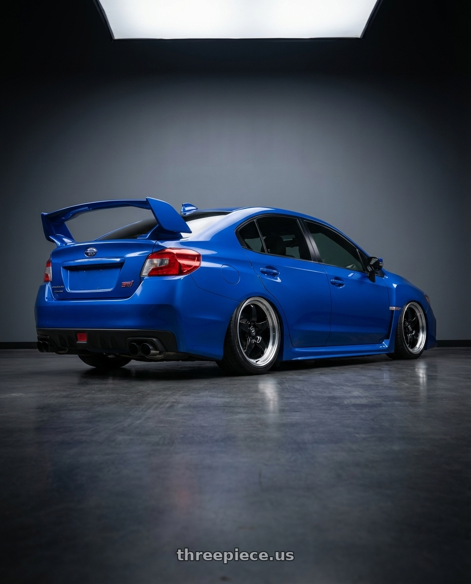 2013 Subaru WRX STI with Forgestar D5 Drag 5x114.3 18x10 +22 Gloss Black Machined wheels rear three quarter view slight stretch tires
