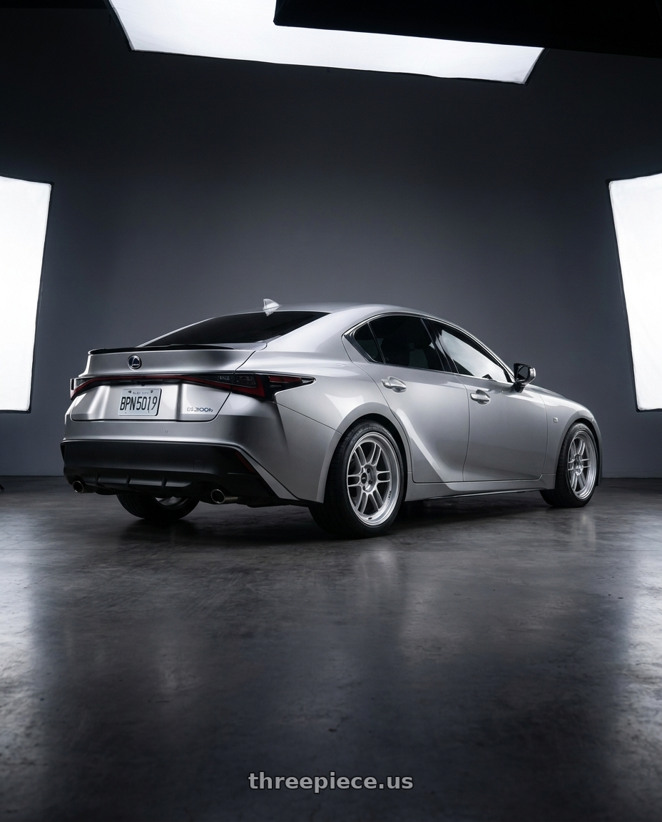2023 lexus is300h with Enkei RPF1 5x114.3 18x9.5+45 Silver wheels rear three quarter view square tires