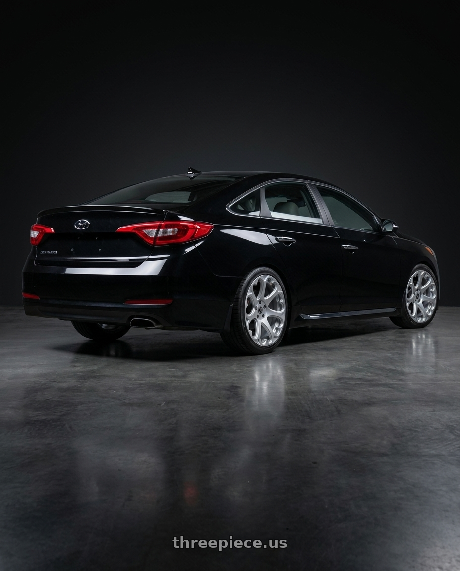 2016 Hyundai Sonata Black with Heritage Wheel Kokoro Monoc 5X114.3 18x8.5+35 Silver wheels rear three quarter view square tires