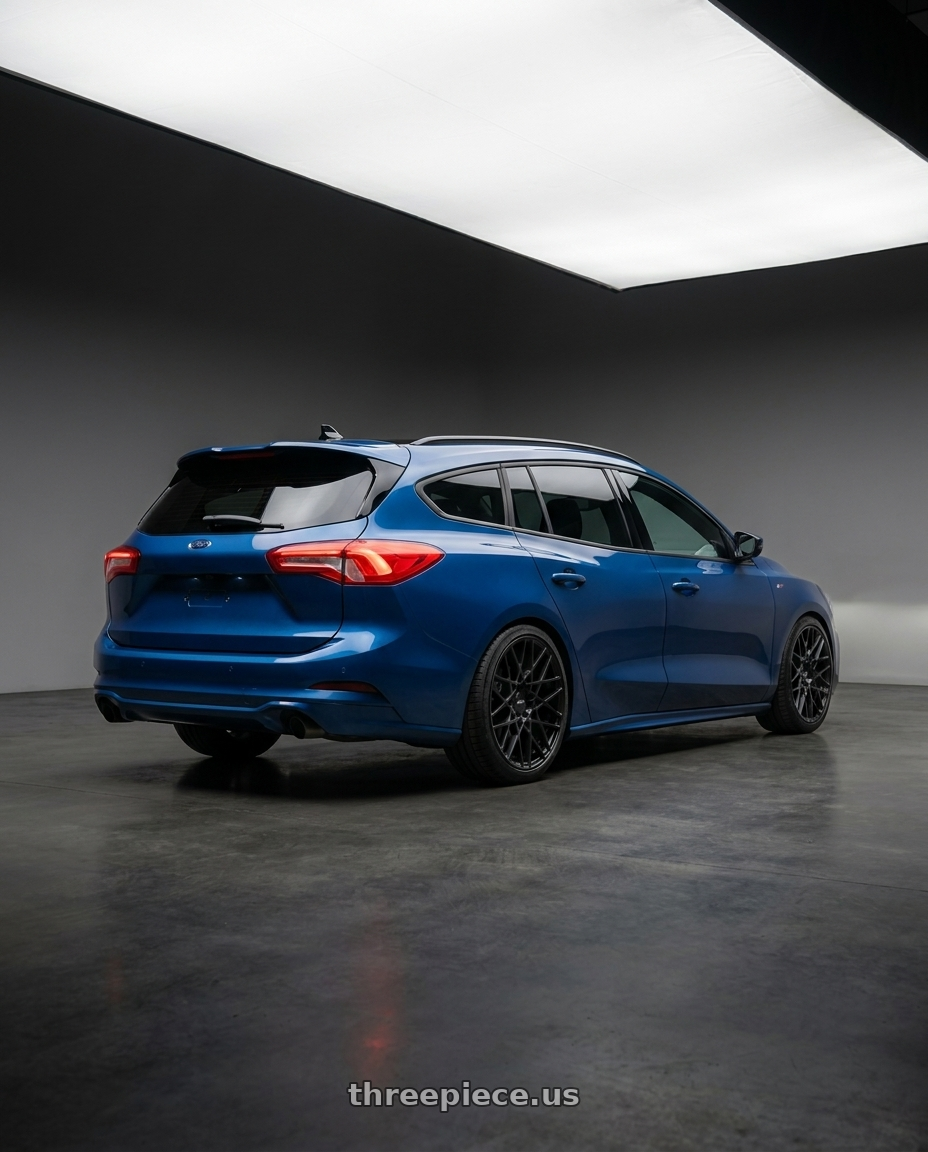 2021 Focus St Wagonsls with Rotiform 1PC R112 BLQ 5X114.3 18X8.5 +38 MATTE BLACK wheels rear three quarter view square tires