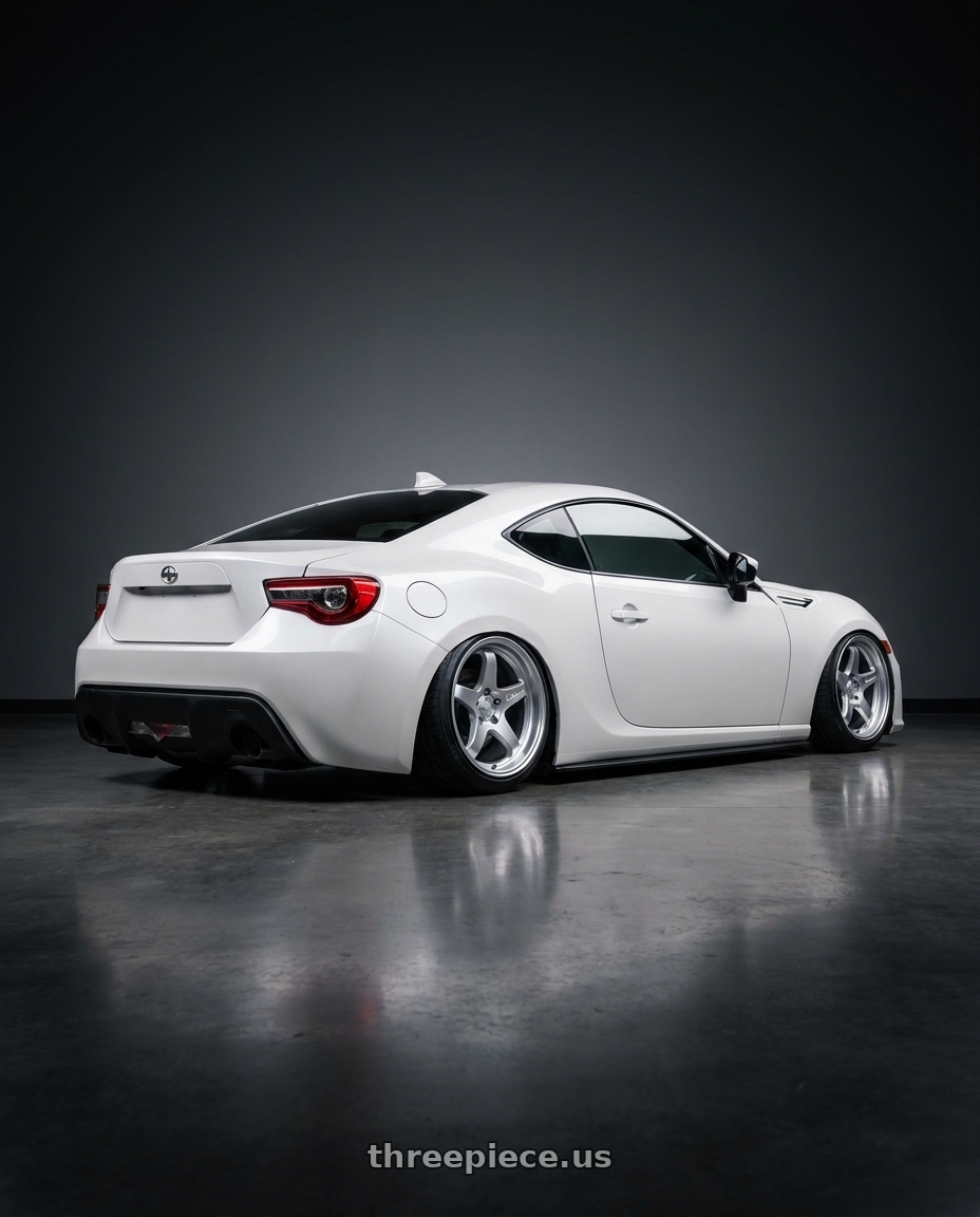 2016 Scion FR-S with Kansei K11S Tandem 5X100 17x9 35 Hyper Silver wheels rear three quarter view slight stretch tires