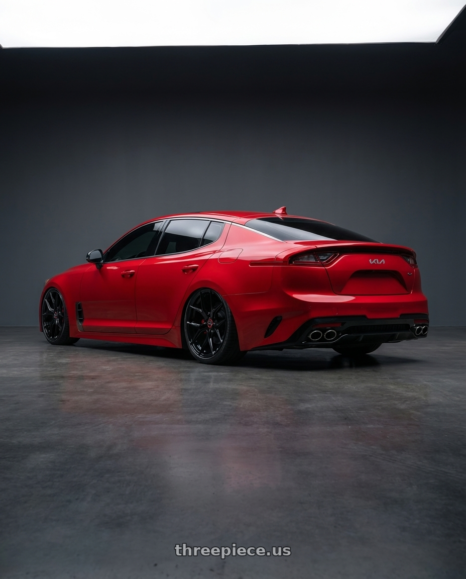 2022 Kia Stinger GT with Vossen HF-5 19x9.5 / 5x114.3 / ET40 / Deep Face / 73.1 - Gloss Black Wheel - HF5-9N63 wheels rear three quarter view slight stretch tires