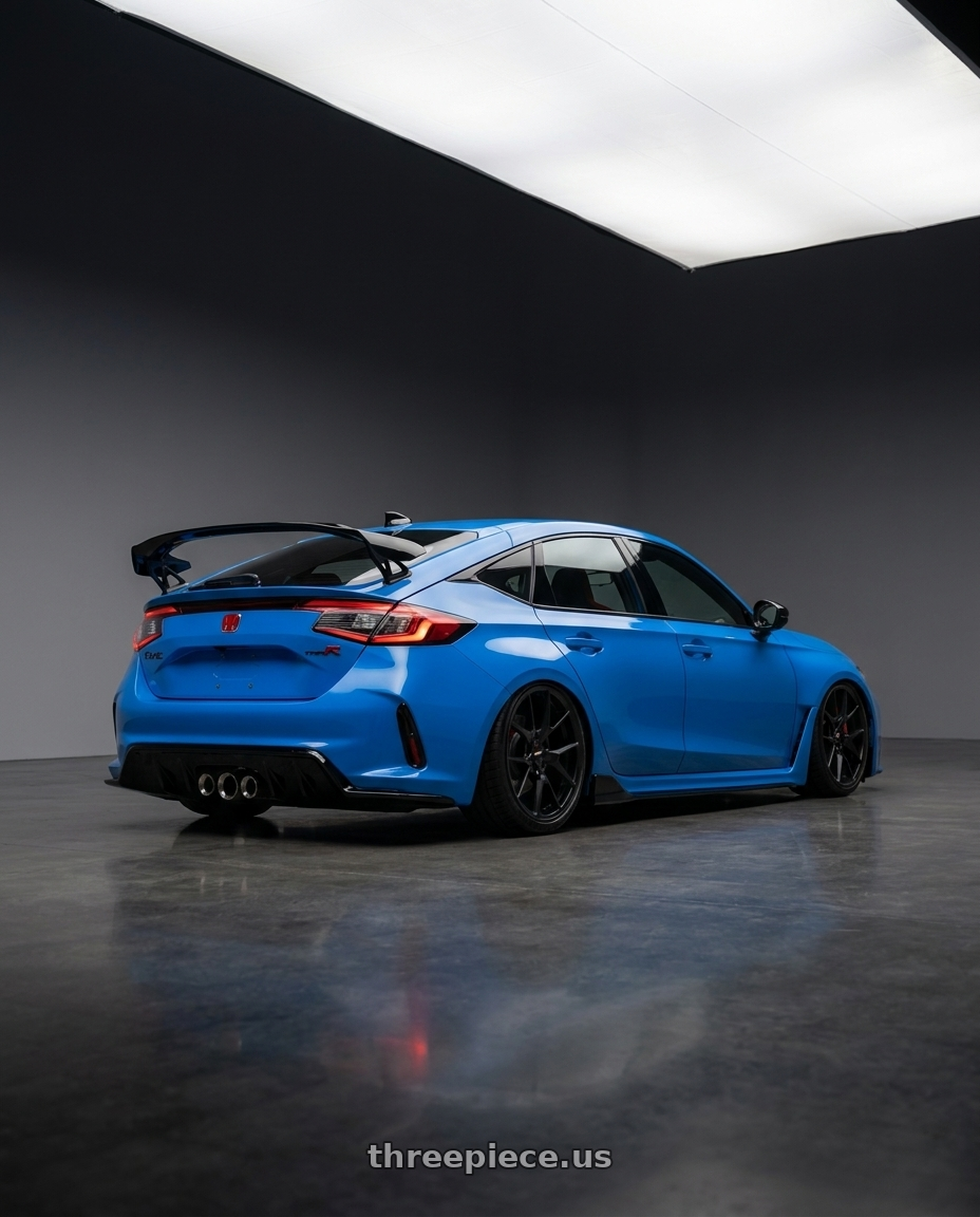 2023 Civic Type R with Rotiform 1PC R112 BLQ 5X114.3 19X8.5 +38 MATTE BLACK wheels rear three quarter view slight stretch tires