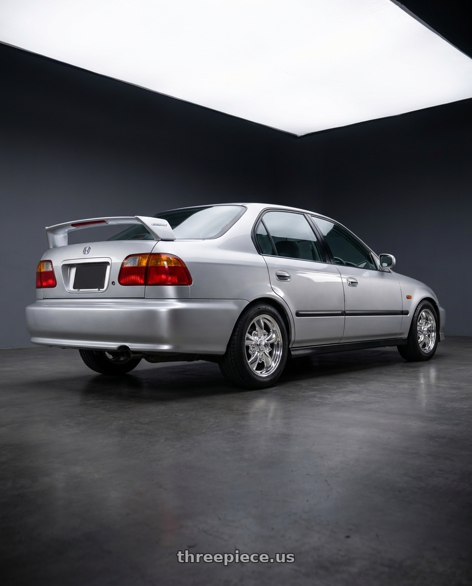 1999 honda civic with Mobelwagen MW720P Das Jager 5X205 15x5.5 14 Polished wheels rear three quarter view square tires