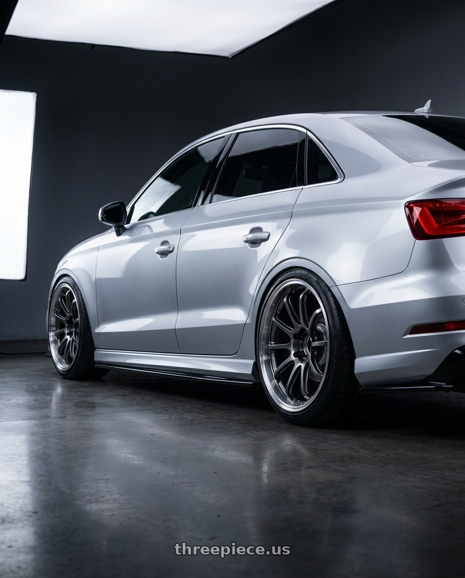 2015 Audi A3 Quattro with Advan Racing RS-DF Progressive 5x112 19x8.5+45 Machining and Racing Hyper Black wheels rear three quarter view extreme stretch tires