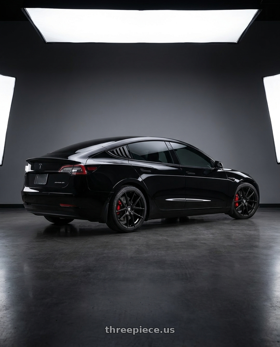 2019 Tesla Model 3 Performance with TOUREN TR94 3294 5x114.3 19x8.5 +35 GLOSS BLACK wheels rear three quarter view square tires