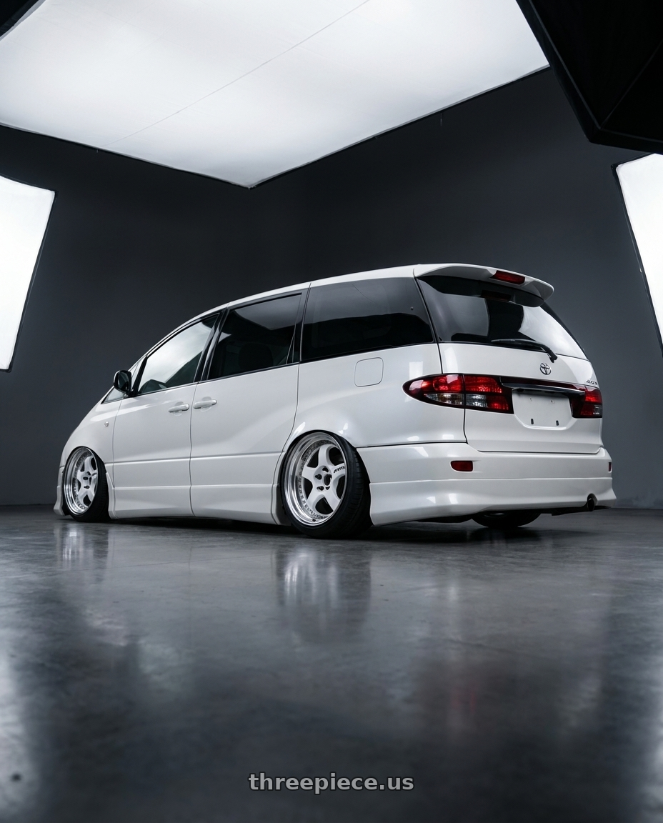 2000 estima acr30w with Work Meister S1 3P 5x114.3 19x8+38 L Disk White wheels rear three quarter view slight stretch tires