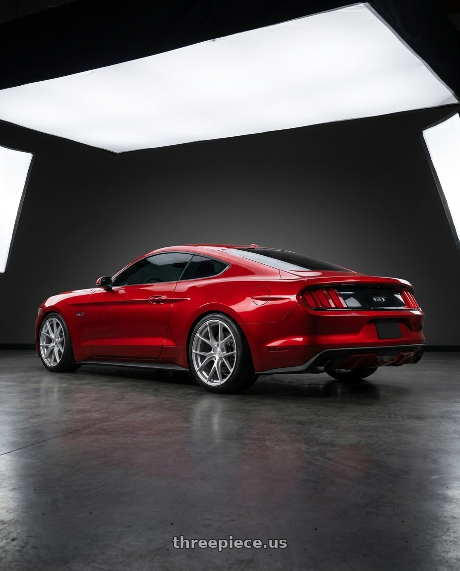 2015 ford mustang gt with Aodhan AFF7 5x114.3 19x9.5+35 Gloss Silver Machined Face wheels rear three quarter view slight stretch tires