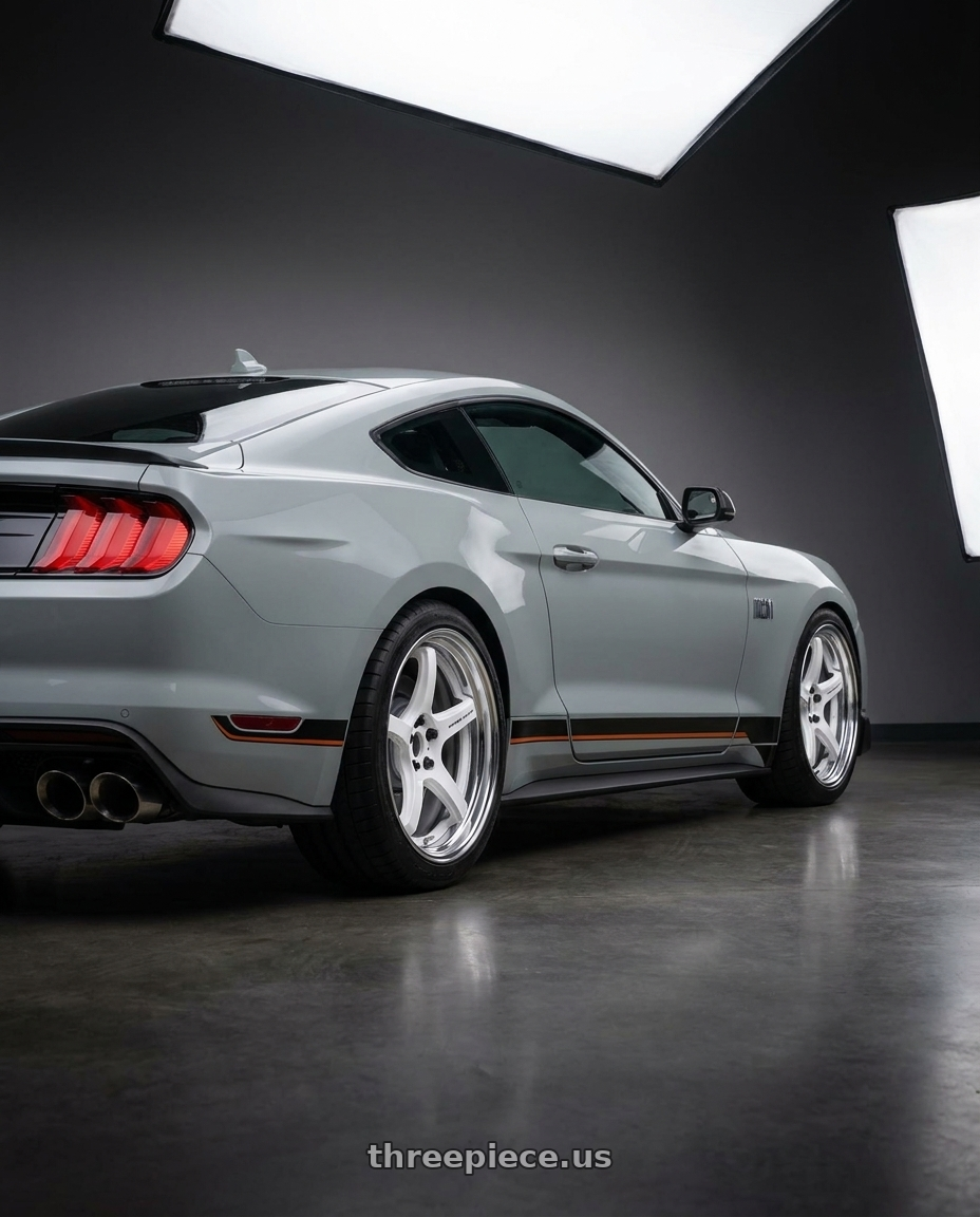 2021 Ford Mustang Mach 1 with Work T5R 2P 5x114.3 19x11.0 +45 WHITE wheels rear three quarter view square tires