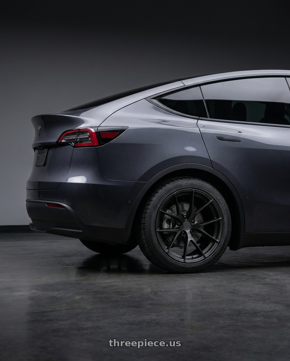 2024 tesla model y performance  with Aodhan AFF7 5x114.3 18x9.5+35 Matte Black wheels rear three quarter view meaty tires