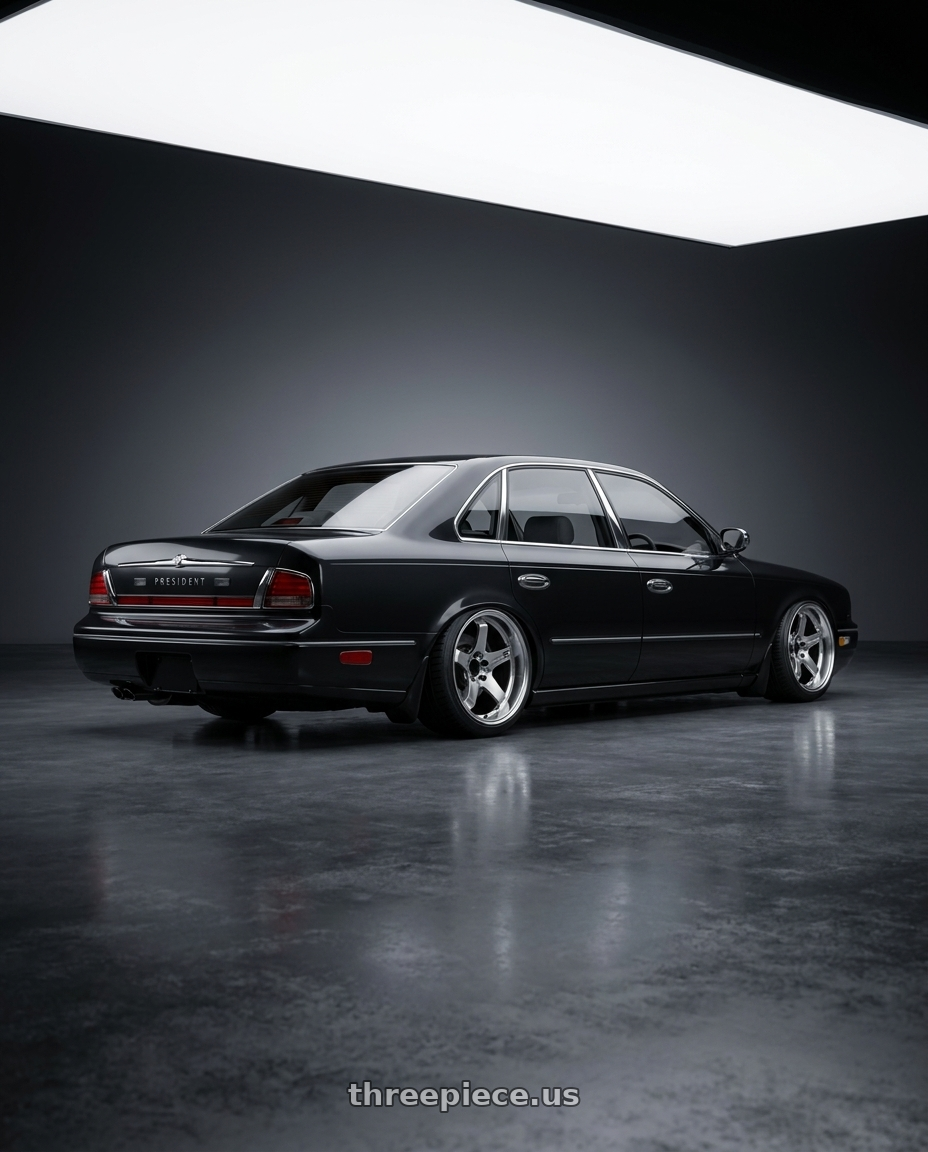 1990 nissan president with Advan Racing GT HEAVY DUTY 6x139.7 17x8.5 +x10 MACHINING & DIAMOND CUT wheels rear three quarter view slight stretch tires