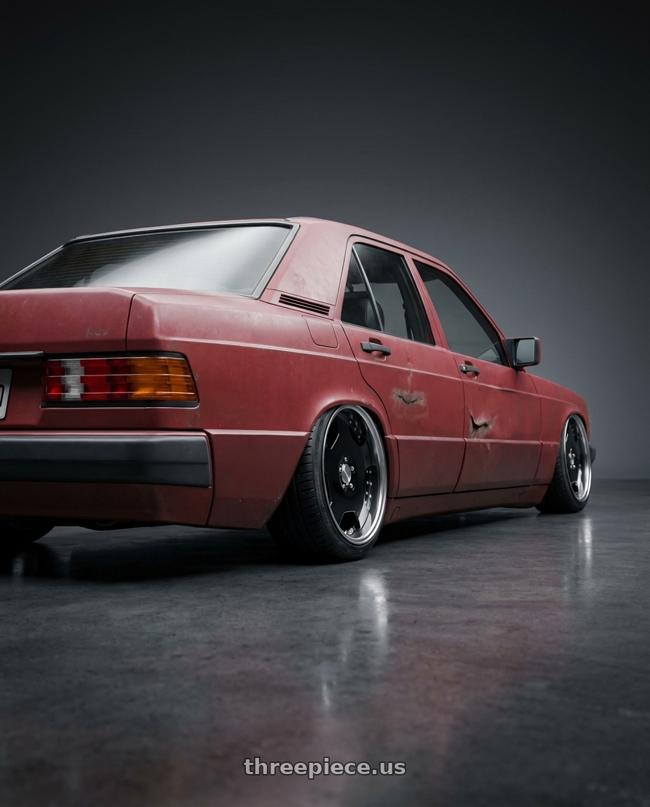 1989 Mercedes-Benz 190E with Work Lanvec Ld1 5x114.3 18x7+0 A Disk Black wheels rear three quarter view slight stretch tires