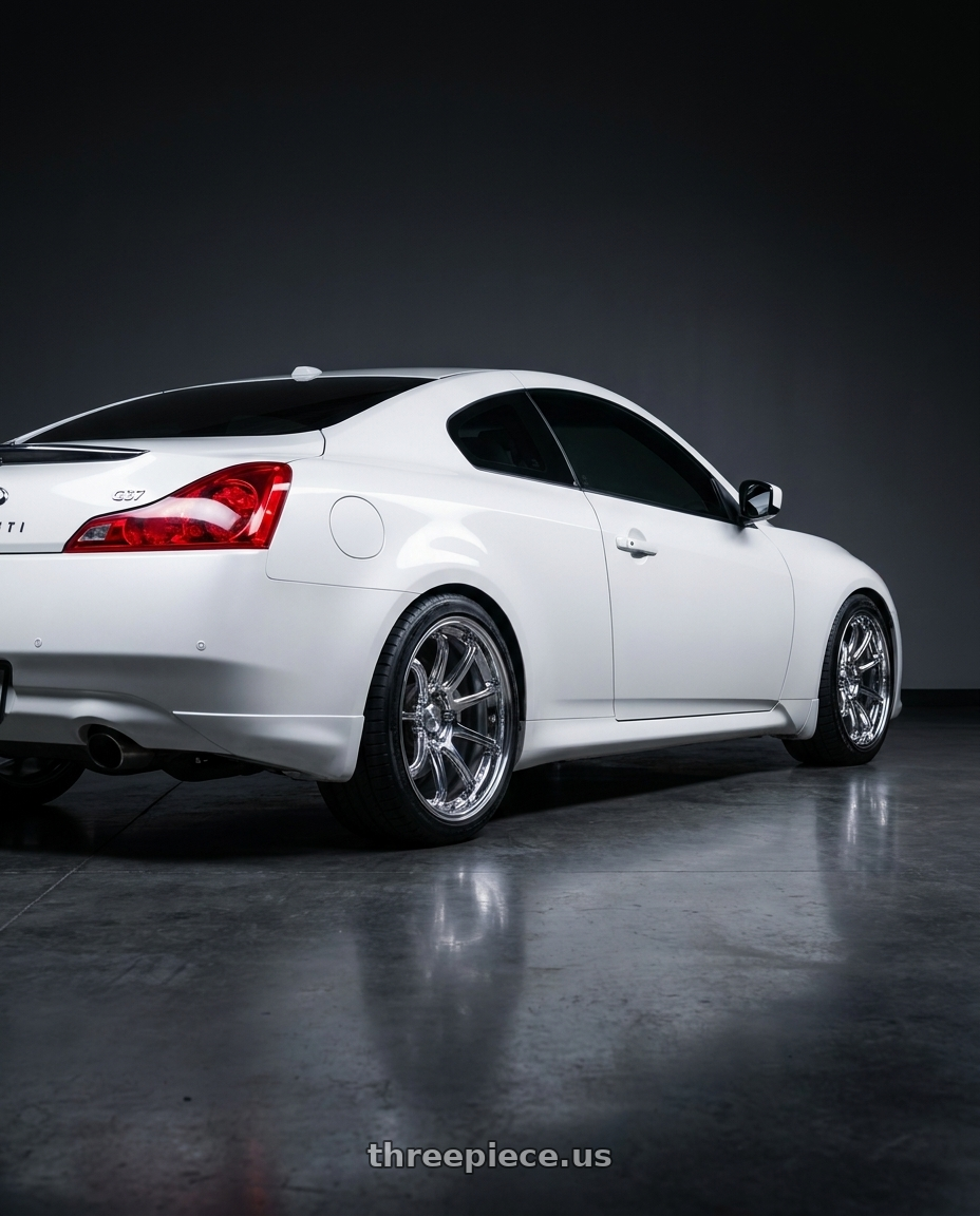 2013 G37 coupe journey  with KATANA RACING HR06 5x114.3 18x9.5 +38 Chrome wheels rear three quarter view square tires