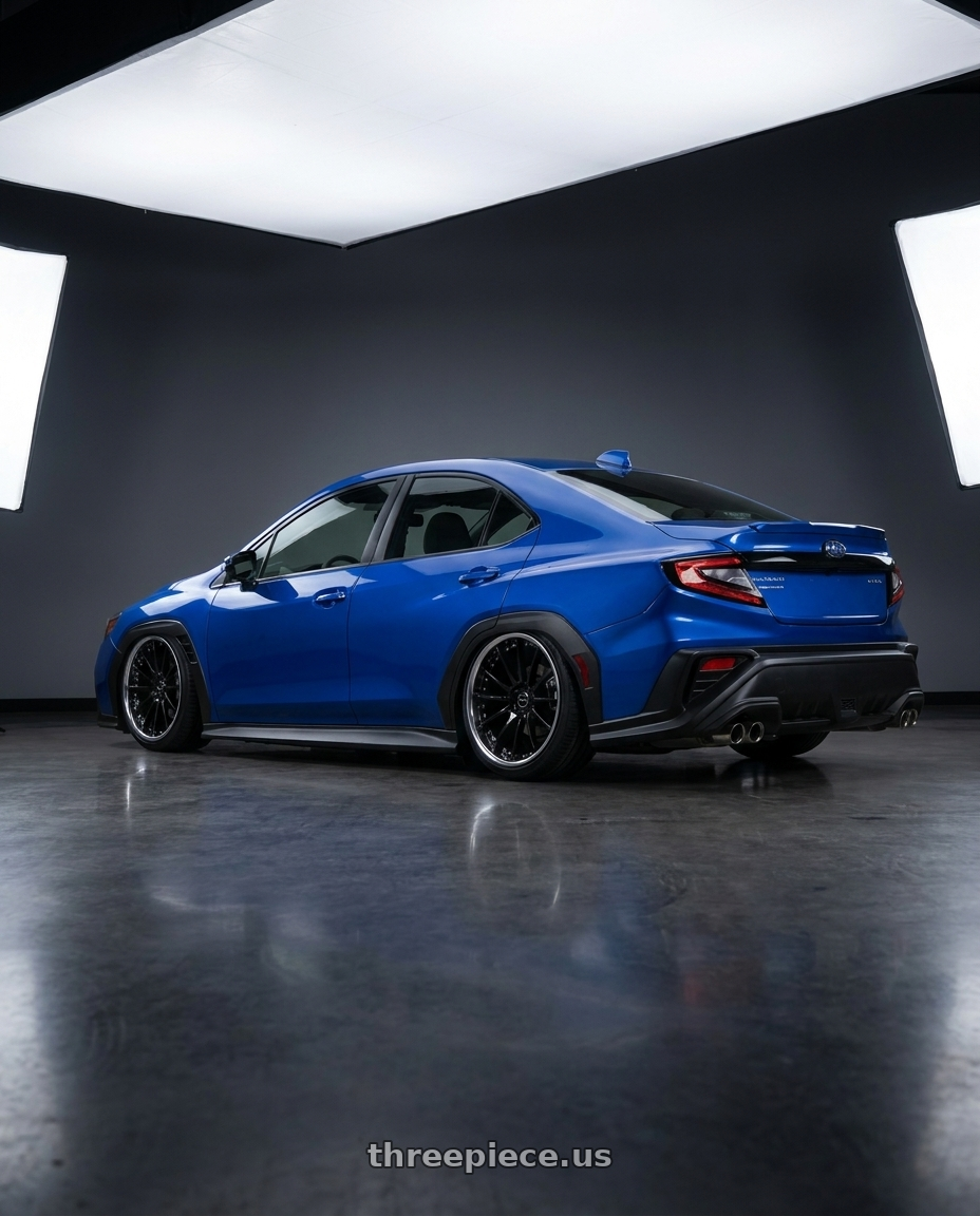 2022 Subaru wrx with EXECUTOR CV04 5X112 19X8.5+30 HP Disk Black wheels rear three quarter view slight stretch tires