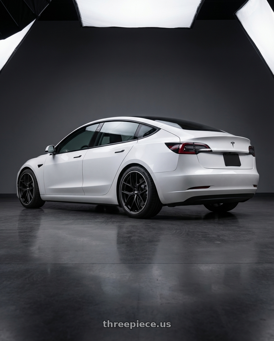 2023 Tesla Model 3 with BBS CC-R 5x114.3 19x8.5+30 Satin Black wheels rear three quarter view square tires