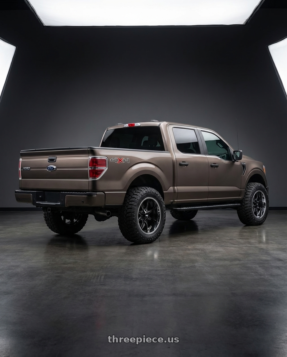 2013 Ford F-150 with Moto Metal MO201 6X135/6X139.7 20X10 -18 GLOSS BLACK MILLED CENTER CHROME LIP wheels rear three quarter view meaty tires