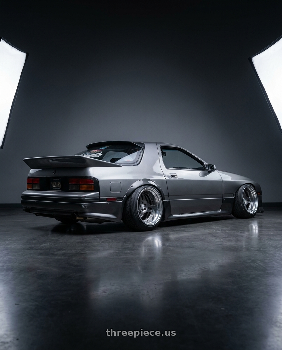 1987 Mazda RX FC Grey with Heritage Wheel TSUKUBA wheels rear three quarter view slight stretch tires