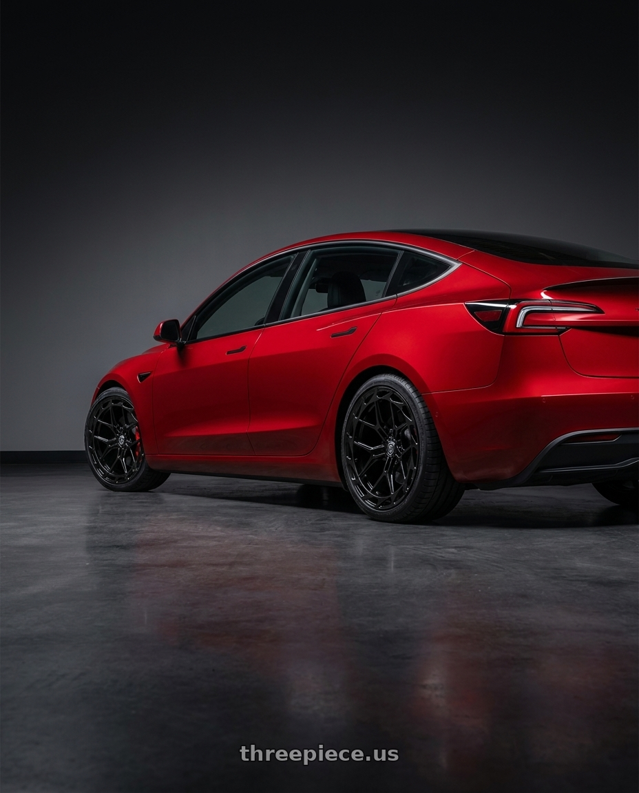 2025 Tesla model 3 performance with Rohana RFX19 5x114.3 20x9 +35 Gloss Black wheels rear three quarter view square tires