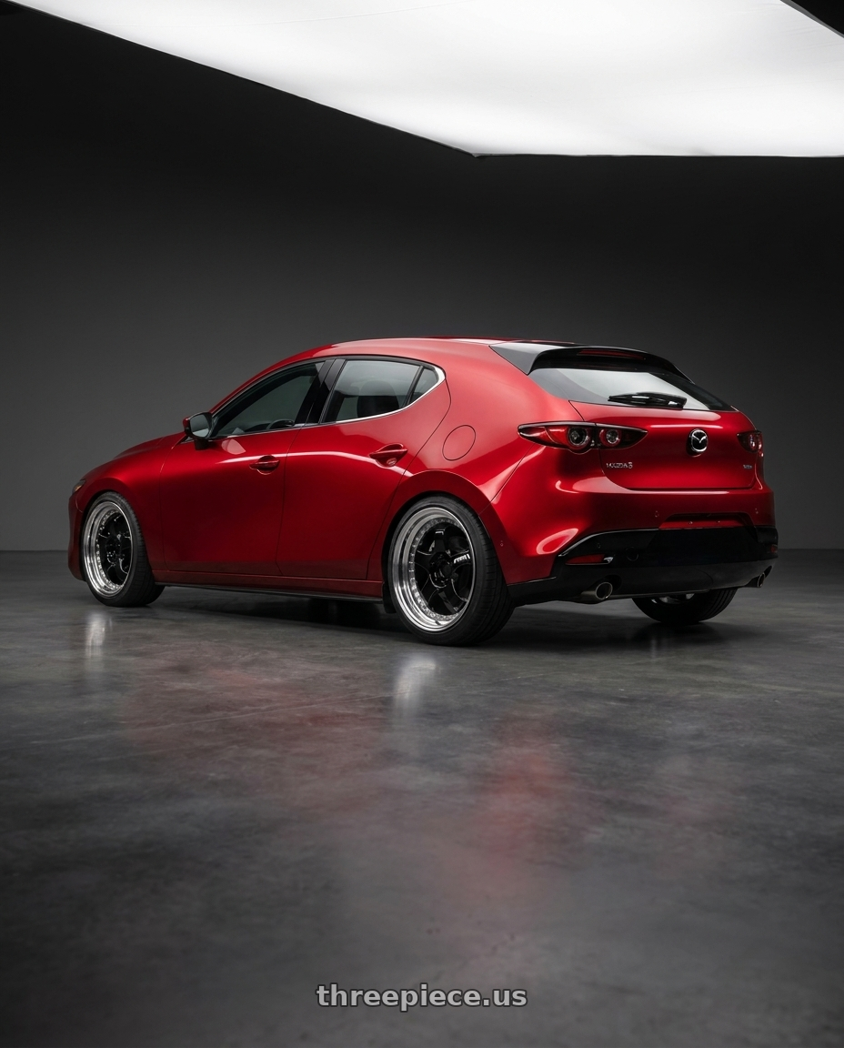 2024 Mazda 3 with Work Meister S1 3P 5x100 18x9+60 A Disk Black wheels rear three quarter view slight stretch tires
