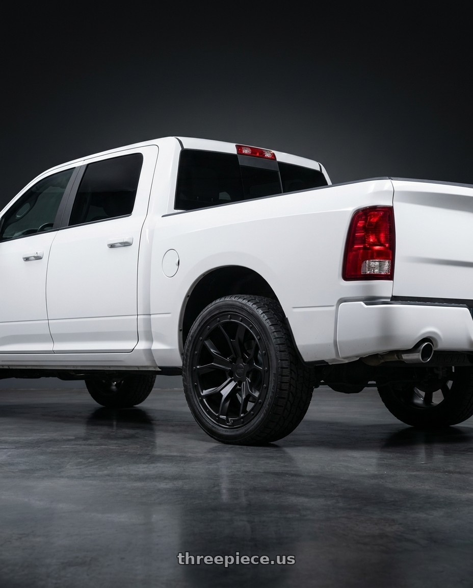 2015 ram 1500 slt quad cab rwd  with RedBourne MORLAND 5X120 20X8.5 +25 MATTE BLACK wheels rear three quarter view slight stretch tires