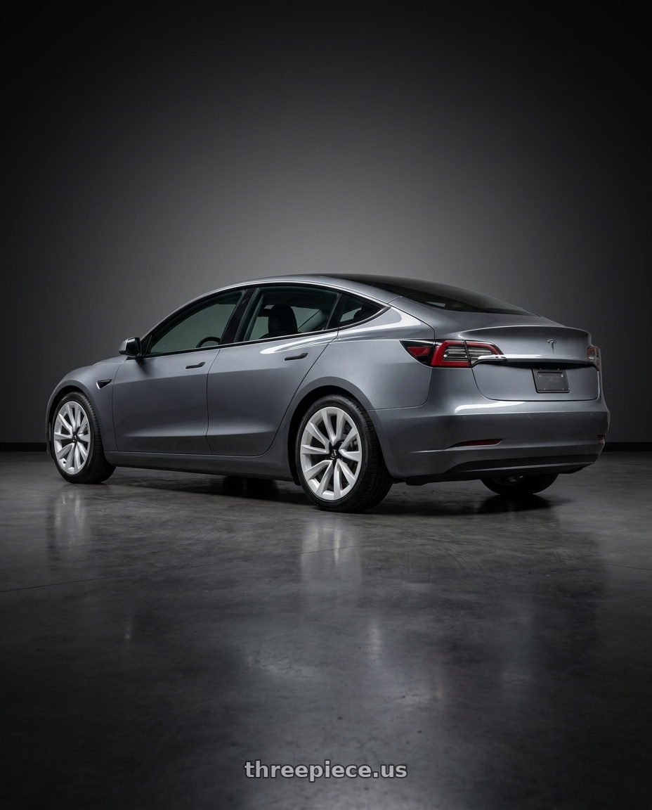 2023 tesla model 3 with Aodhan AFF7 5x114.3 19x8.5+35 Gloss Silver Machined Face wheels rear three quarter view square tires