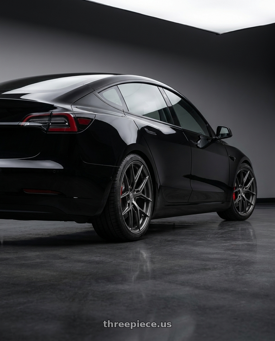 2019 tesla model 3 performance black with Avant Garde Wheels M580R BLANK 20x9 +BLANK Dark Graphite Metallic wheels rear three quarter view square tires
