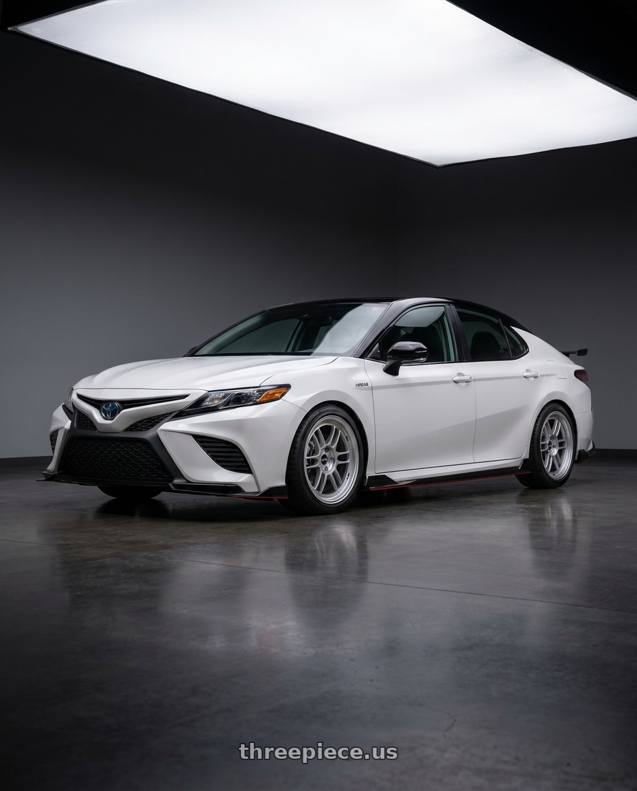 2021 Toyota Camry Hybrid LE with Enkei RPF1 5x114.3 18x9+35 Silver wheels