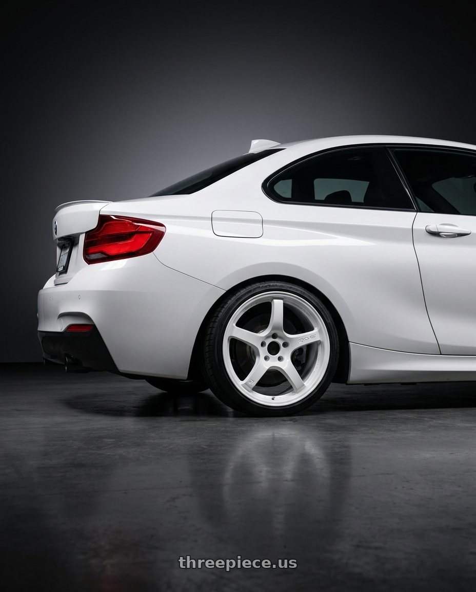 2018 BMW 2 Series F22 with Gram Lights 57CR 5x120 18x9.5+38 Ceramic Pearl wheels rear three quarter view square tires