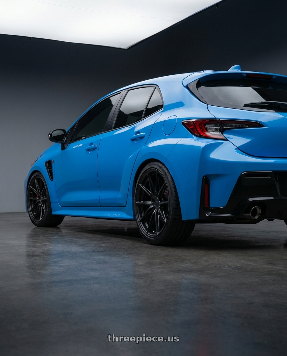 2024 Toyota GR Corolla with Niche 1PC M117 MISANO 5X114.3 18X8 +42 MATTE BLACK wheels rear three quarter view square tires